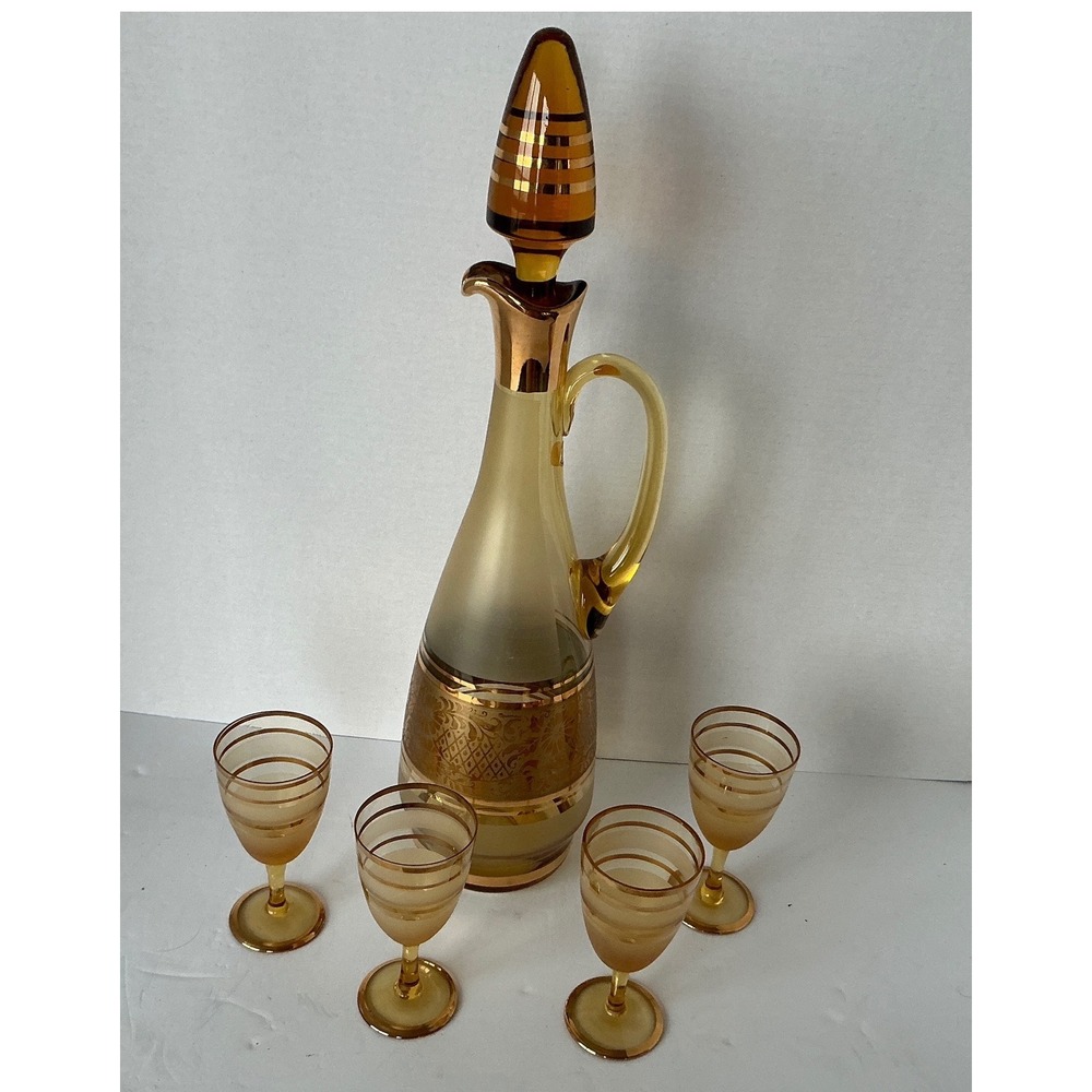 Bohemia Crystal Vintage Amber Glass Decanter Set Gold‎ Encrusted Floral 5pc MCM